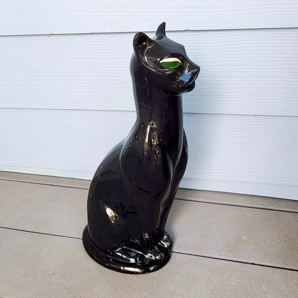 MCM Vintage Cat Figurine, Black Ceramic Cat with Green Eyes, 16" Holland Mold - Picture 1 of 12